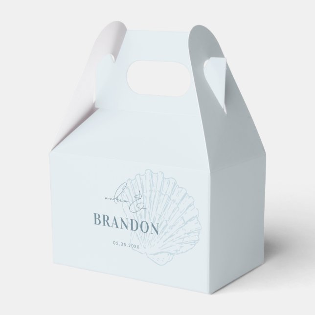 Coastal Chic Blue Nautical Seashell Names Wedding Favor Box (Front Side)