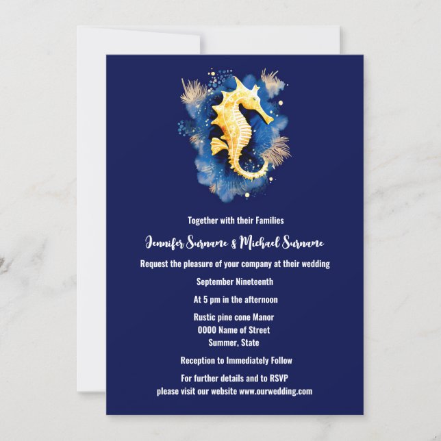 Coastal chic | blue orange seahorse 3D ocean beach Invitation (Front)