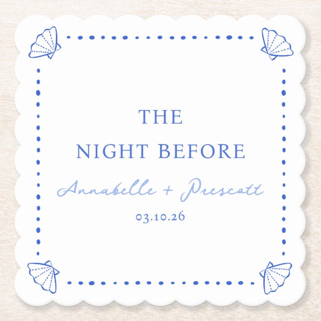 Coastal Chic Blue Personalized Rehearsal Dinner Paper Coaster (Front)