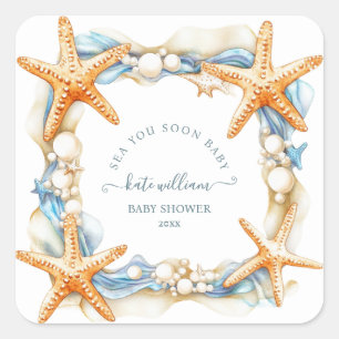 Coastal chic blue sea you soon Baby Shower Square Sticker
