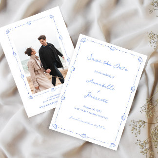 Coastal Chic Blue Shell Ocean Beach Photo Wedding Save The Date