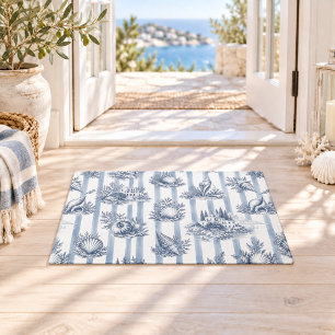 Coastal Chic Blue Stripes Seashells Toile de Jouy Doormat