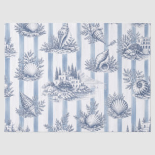 Coastal Chic Blue Stripes Seashells Toile de Jouy Tissue Paper