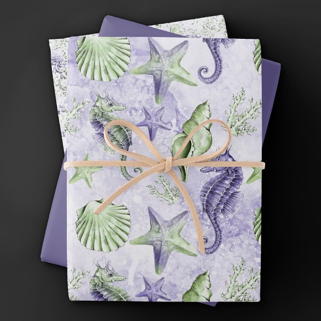 Coastal Chic | Fun Purple and Green Under the Sea Wrapping Paper Sheet (Creator Uploaded)