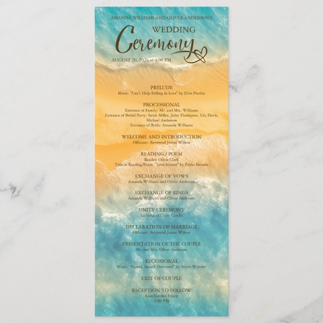 Coastal Chic Golden Sand Teal Wedding Ceremony Program (Front)