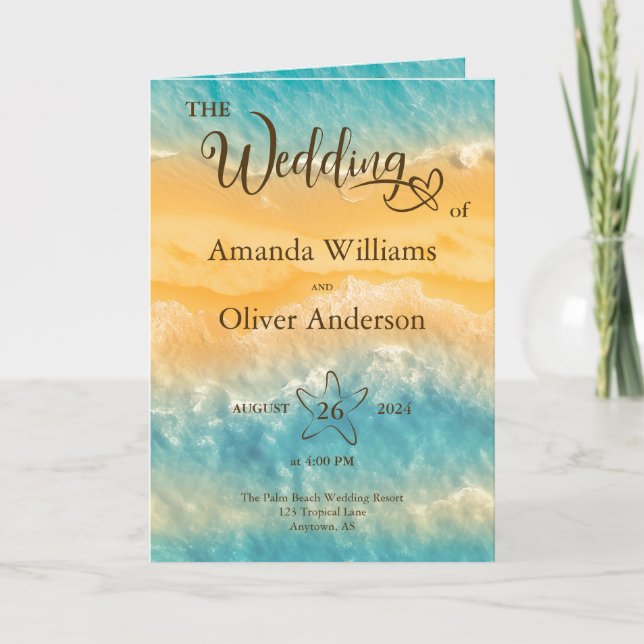 Coastal Chic Golden Sand Teal Wedding Ceremony Program (Front)