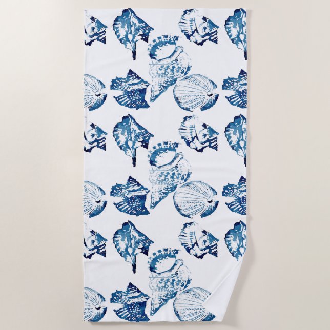 coastal chic indigo blue ocean watercolor seashell beach towel (Front)