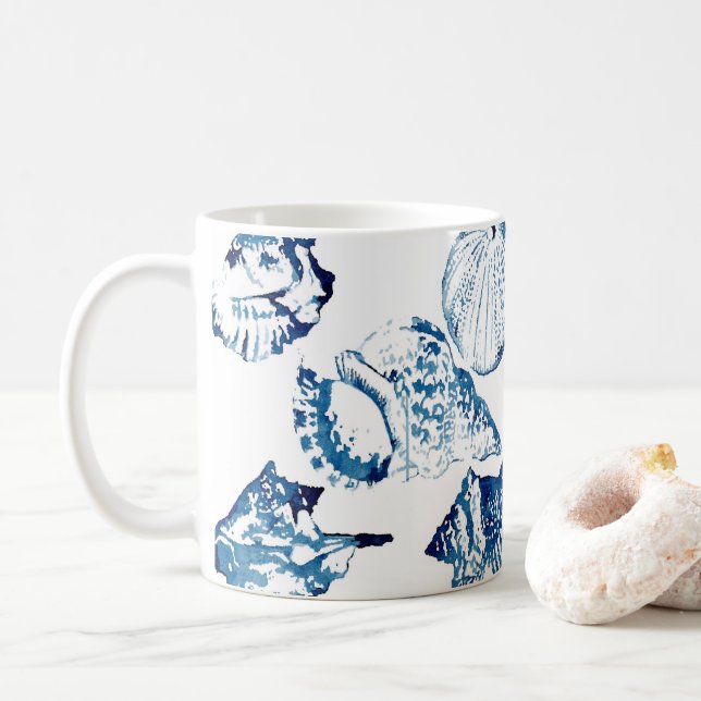 coastal chic indigo blue ocean watercolor seashell coffee mug (With Donut)