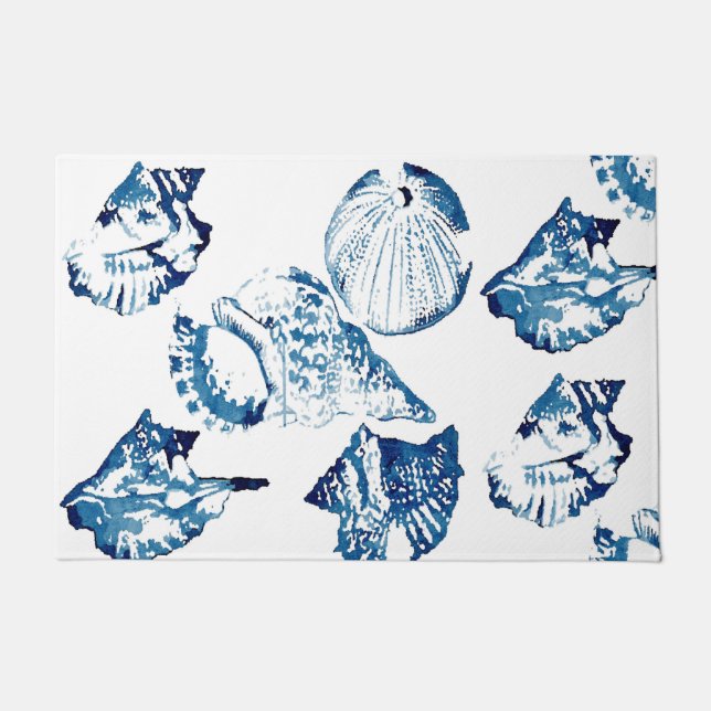 coastal chic indigo blue ocean watercolor seashell doormat (Front)