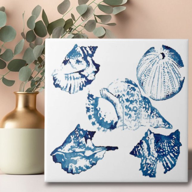 coastal chic indigo blue ocean watercolor seashell tile (coastal chic indigo blue ocean watercolor seashell ceramic tile)