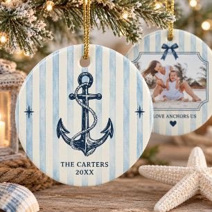 Coastal Chic Love Anchors Us Bow Stripe Photo Ceramic Ornament