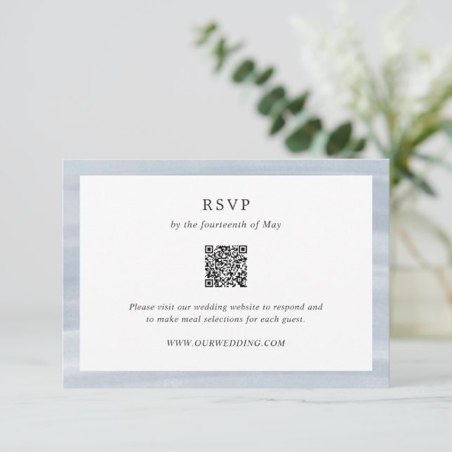 Coastal Chic Muted Blue QR Code Elegant Wedding RSVP Card (Standing Front)