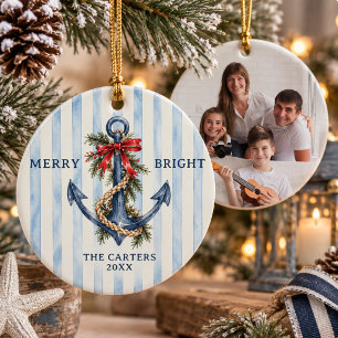 Coastal Chic Nautical Anchor Family Photo Ceramic Ornament