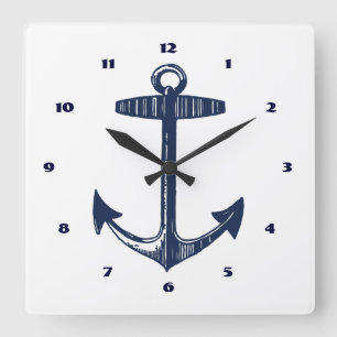 Coastal Chic Nautical Navy Anchor Pattern Square Wall Clock