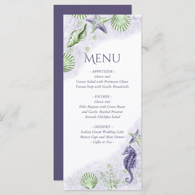 Coastal Chic | Purple and Lime Green Party Menu (Front/Back)