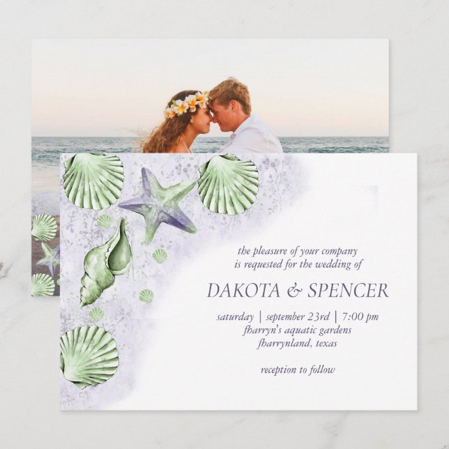 Coastal Chic | Purple Green Nautical Wedding Photo Invitation (Front/Back)
