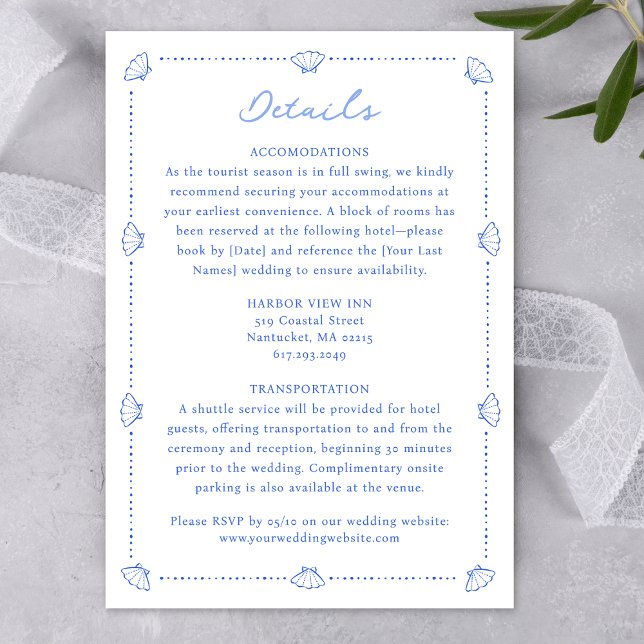 Coastal Chic Shell Border Elegant Blue Wedding Enclosure Card (Seamlessly guide your guests with this chic nautical details card—coordinating perfectly.)