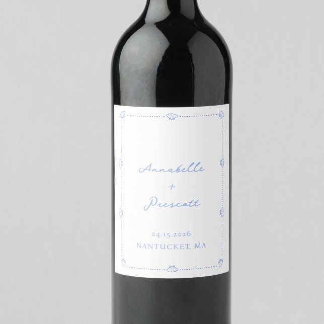 Coastal Chic Shell Border Elegant Blue Wedding Wine Label (Creator Uploaded)