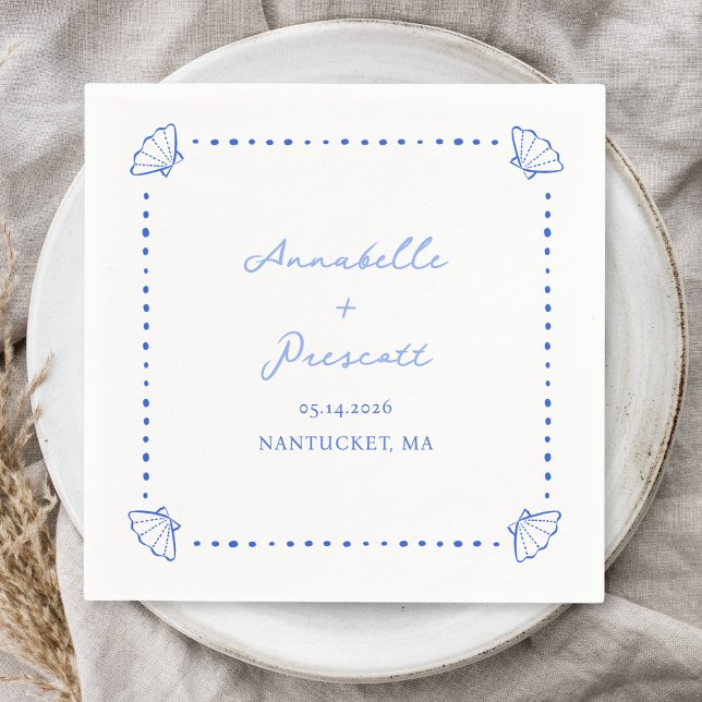 Coastal Chic Shell Border Personalized Wedding Napkin (Complete your seaside wedding with these chic cocktail napkins with a delicate blue seashell border.)