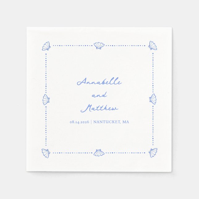 Coastal Chic Shell Border Personalized Wedding Napkin (Front)