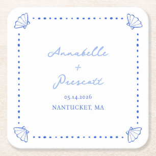 Coastal Chic Shell Border Personalized Wedding Square Paper Coaster