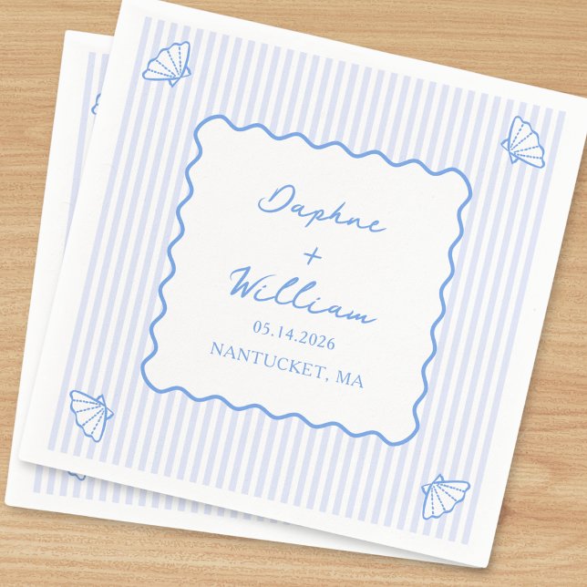 Coastal Chic Shell & Stripes Personalized Wedding Napkin (Creator Uploaded)