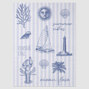 Coastal Chic Summer Vibes on Blue White Stripes Tissue Paper