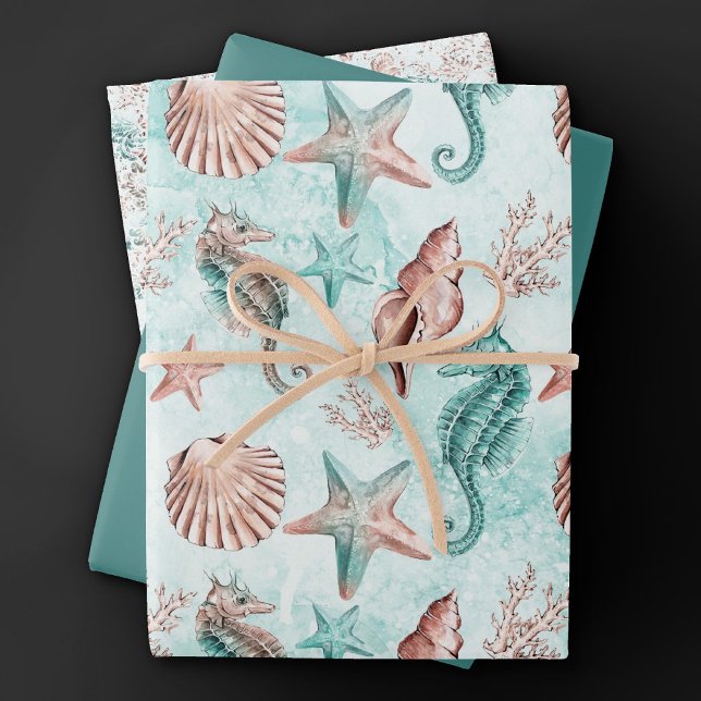 Coastal Chic | Teal and Coral Reef Pastel Pattern Wrapping Paper Sheet (Creator Uploaded)