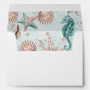 Coastal Chic   Teal and Coral Reef Wedding Address Envelope