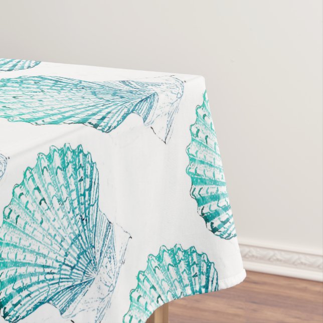 coastal chic teal blue watercolor mermaid seashell tablecloth (In Situ)
