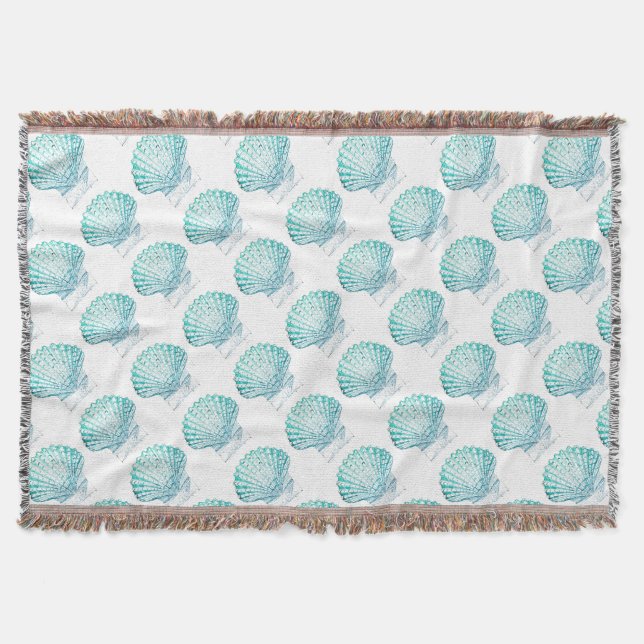 coastal chic teal blue watercolor mermaid seashell throw blanket (Front)