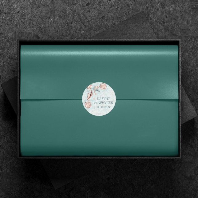 Coastal Chic | Teal Green and Coral Reef Party Classic Round Sticker (Creator Uploaded)