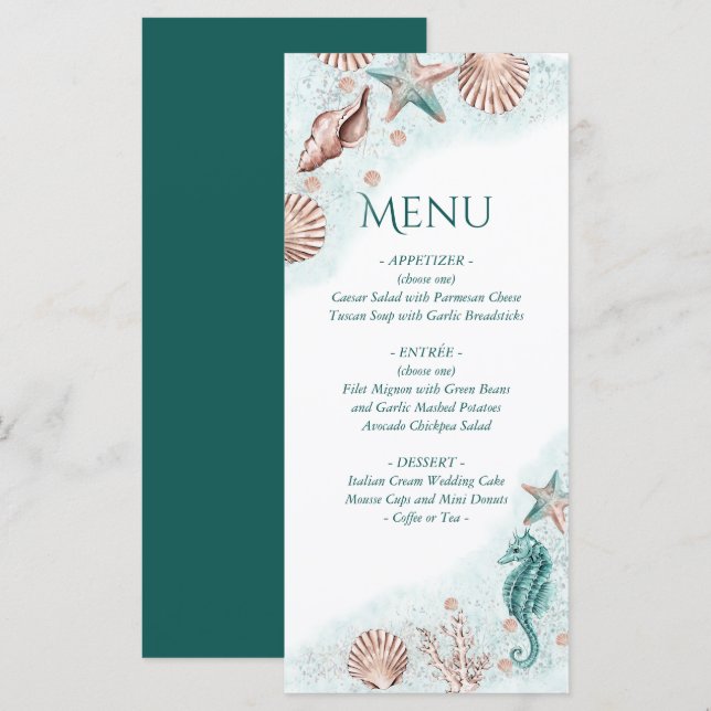 Coastal Chic | Teal Green and Coral Reef Party Menu (Front/Back)