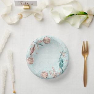 Coastal Chic Teal Green and Coral Reef Party Paper Plate