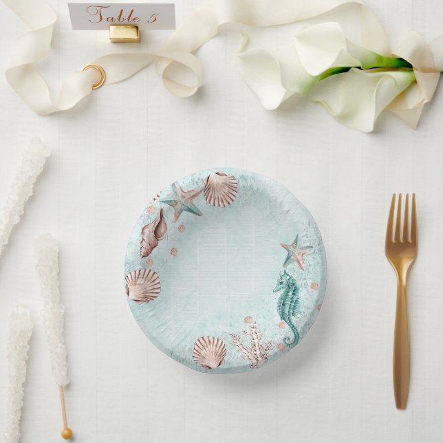 Coastal Chic | Teal Green and Coral Reef Party Paper Plate (Wedding)