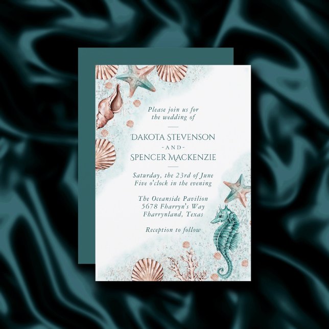 Coastal Chic | Teal Green and Coral Reef Wedding Invitation (Creator Uploaded)