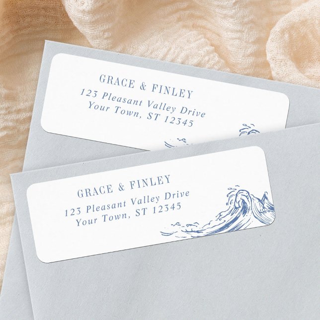 Coastal Chic Waves Blue Wedding Return Address (Créateur téléchargé)