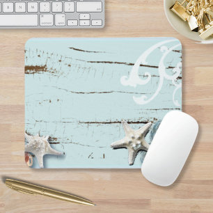 Coastal chic wood aqua blue starfish seashells mouse pad