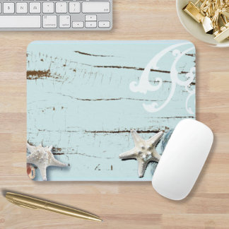 Coastal chic wood aqua blue starfish seashells mouse pad