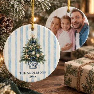 Coastal Chinoiserie Christmas Tree Family Photo Ceramic Ornament
