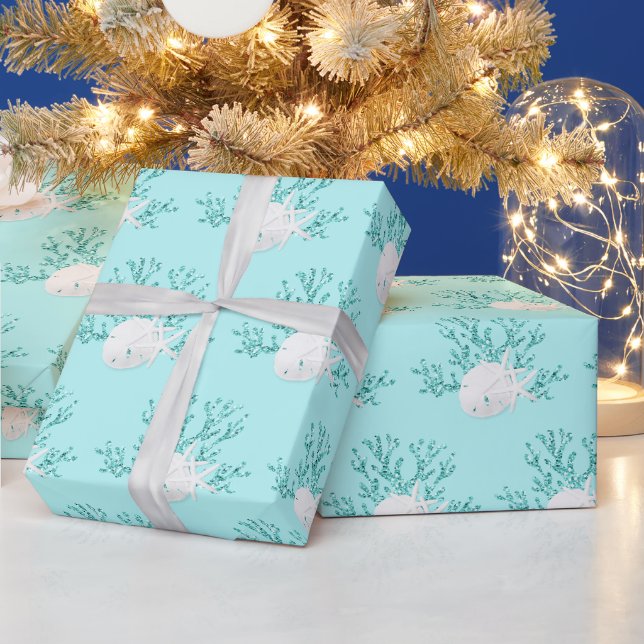 Coastal Christmas Aqua Blue Starfish Sand Dollar Wrapping Paper (Holidays)