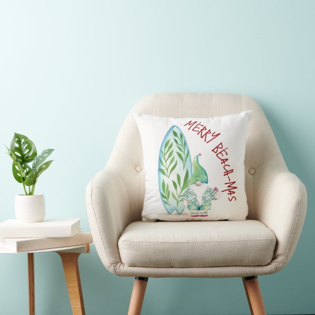 Coastal Christmas Beach Santa Watercolor Art Throw Pillow (Chair)