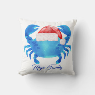 Coastal Christmas Blue Crab – Personalized Santa H Throw Pillow