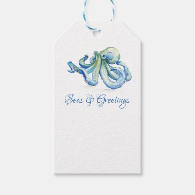Coastal Christmas Blue Octopus Watercolor Gift Tags (Front)