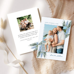 Coastal Christmas Blue Tiny Checks Large Photo Holiday Card