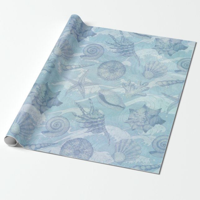 Coastal Christmas Blue Watercolor Seashells Wrapping Paper (Unrolled)