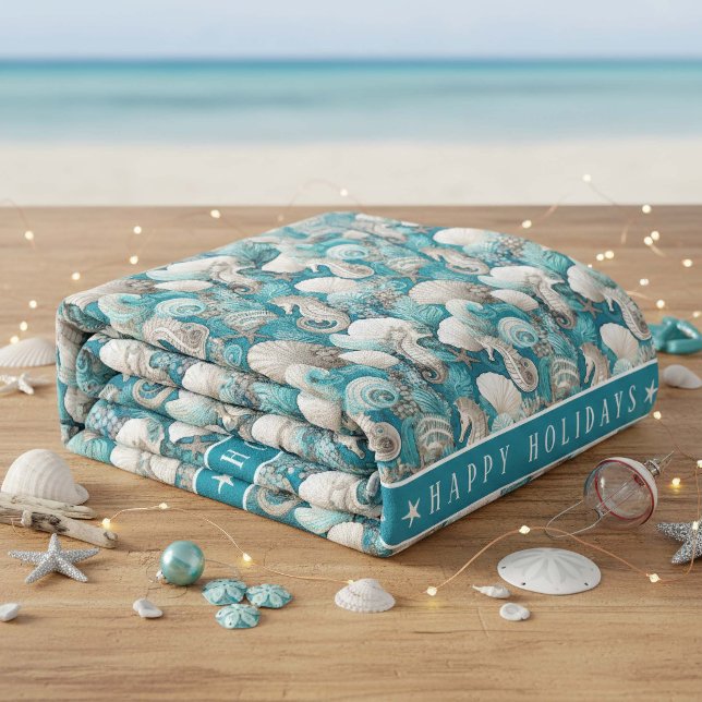 Coastal Christmas Bold Seahorse Pattern#4 ID1009 Fleece Blanket (Creator Uploaded)