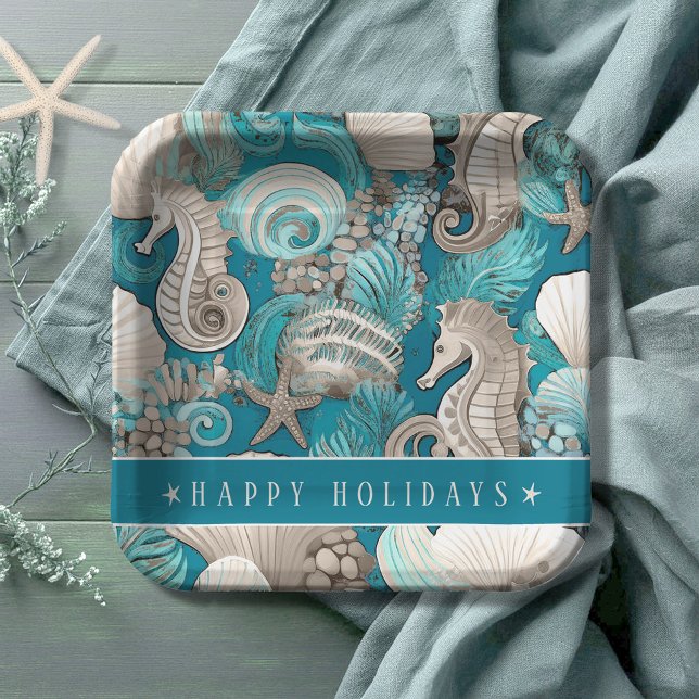 Coastal Christmas Bold Seahorse Pattern#4 ID1009 Paper Plate (Creator Uploaded)