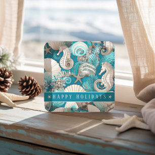Coastal Christmas Bold Seahorse Pattern#4 ID1009 Square Paper Coaster
