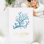 Coastal Christmas Cards Template Custom Photo<br><div class="desc">end sunny wishes and seaside charm with these coastal Christmas cards template, perfect for newlyweds, families, or anyone dreaming of a tropical holiday. This tropical Christmas card features original blue watercolor sea coral artwork in soft turquoise tones, hand-painted by Victoria Grigaliunas of Do Tell A Belle. The cheerful message “Seas...</div>